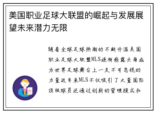 美国职业足球大联盟的崛起与发展展望未来潜力无限 美国职业足球大联盟的崛起与发展展望未来潜力无限